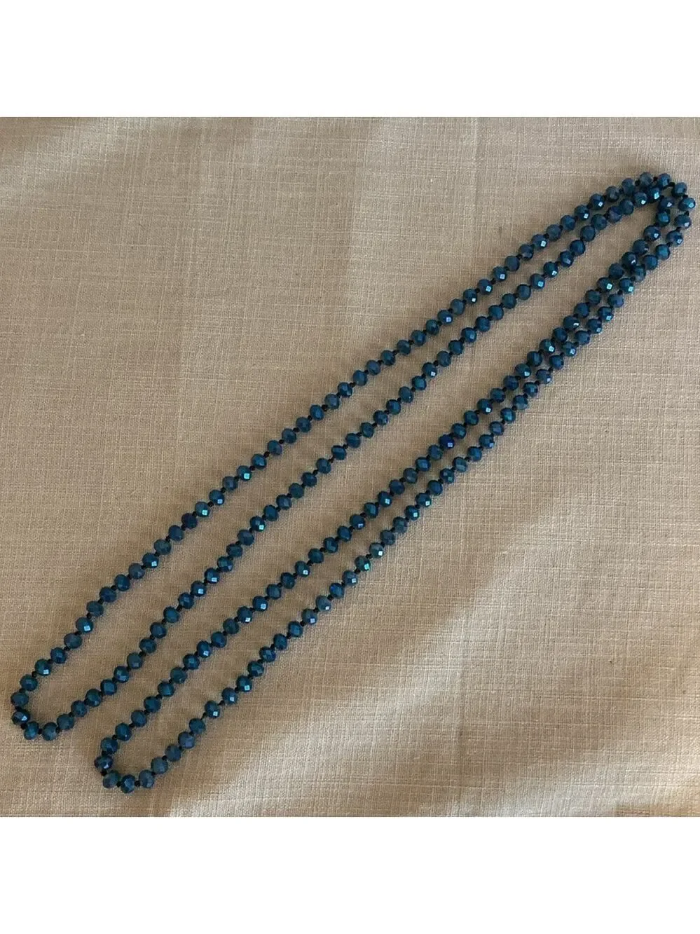 Vintage Bead Necklace Crystal Hand Knotted Blue 31”